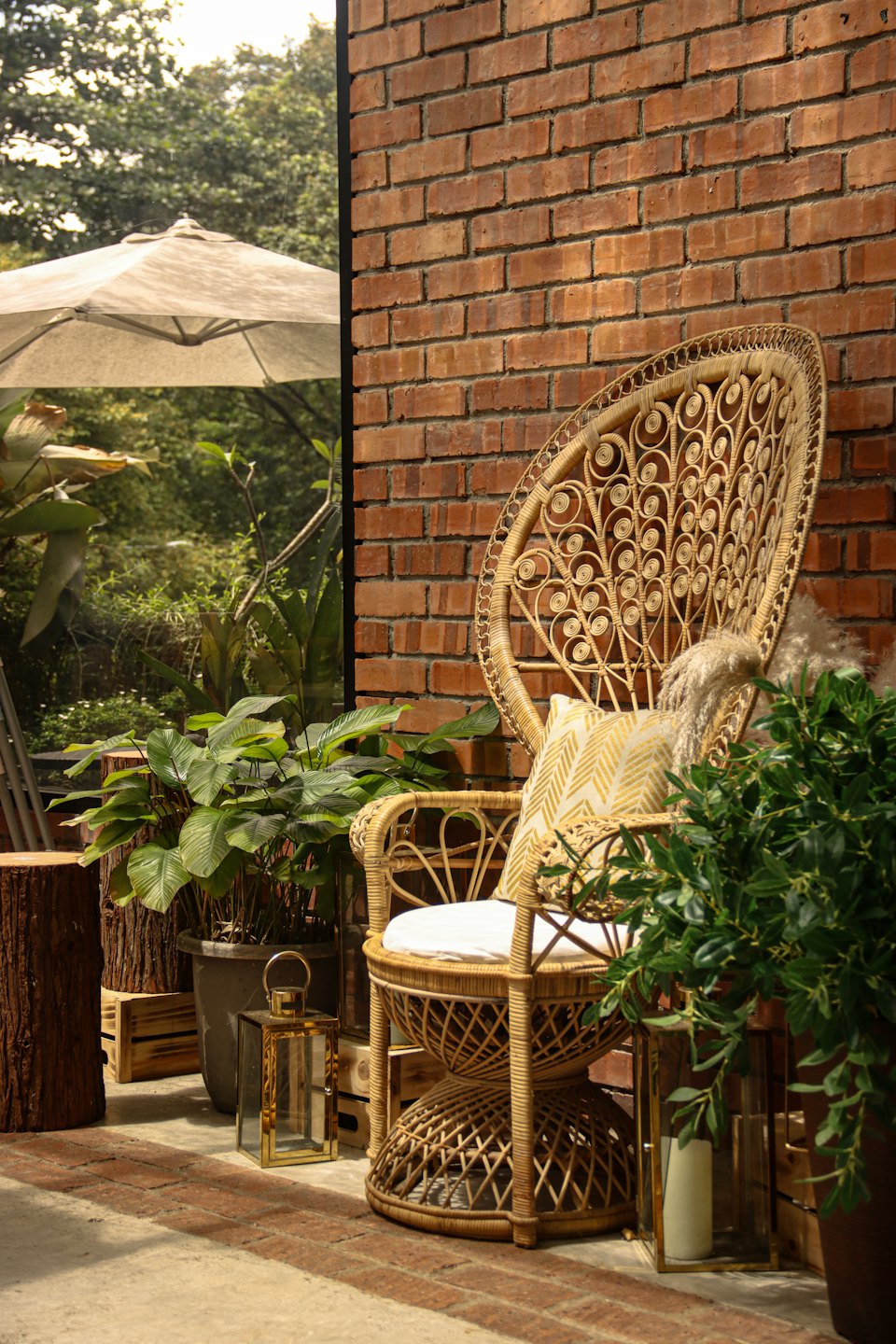 A peacock chair on a brick patio with potted plants.